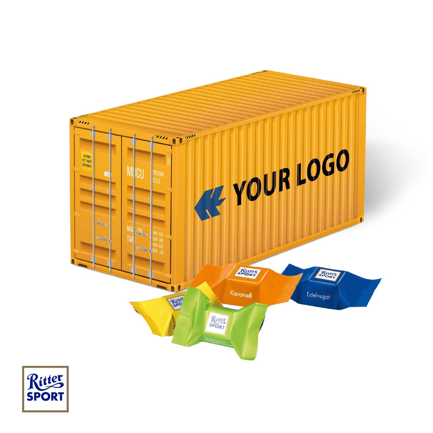 CD91685-013D Praesent Container mit Ritter SPORT Schokowuerfel_ Ritter Sport Schokowuerfel