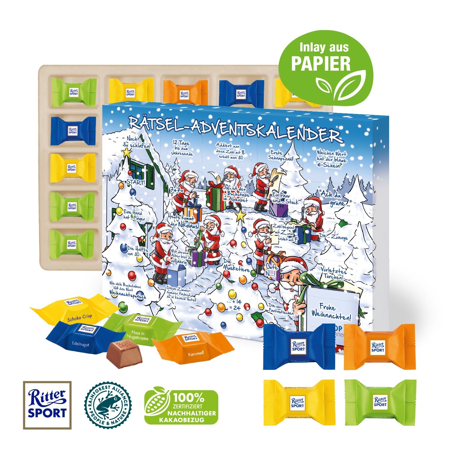 CD55410Adventskalender mit Ritter SPORT Schokowuerfel_ Inlay aus Papier