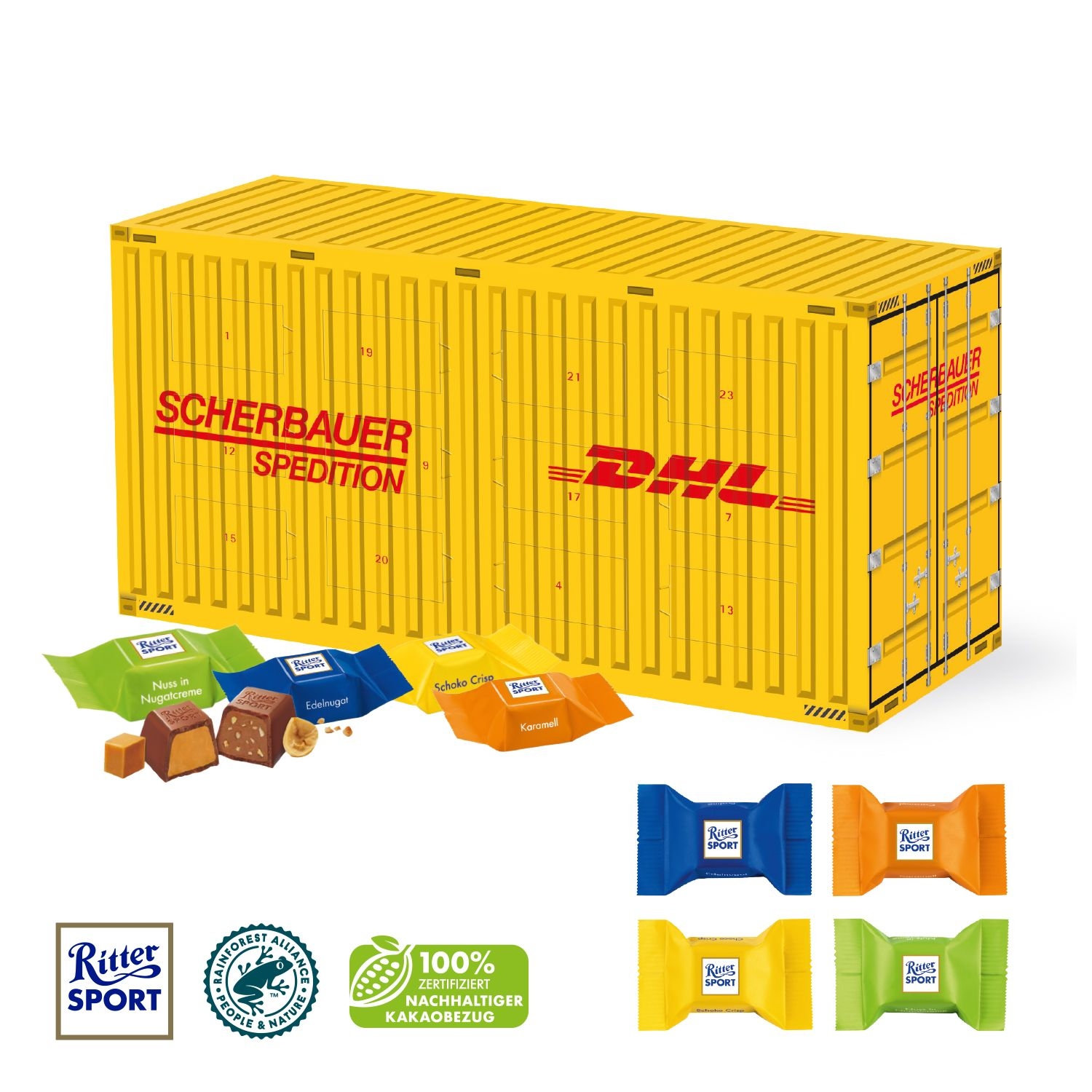 CD951543D Adventskalender _Container_ mit Ritter SPORT Schokowuerfel