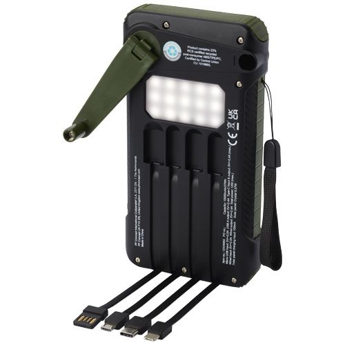 PF124346-1Soldy 10.000 mAh Solardynamo-Powerbank aus recyceltem GRS Kunststoff _ armeegruen