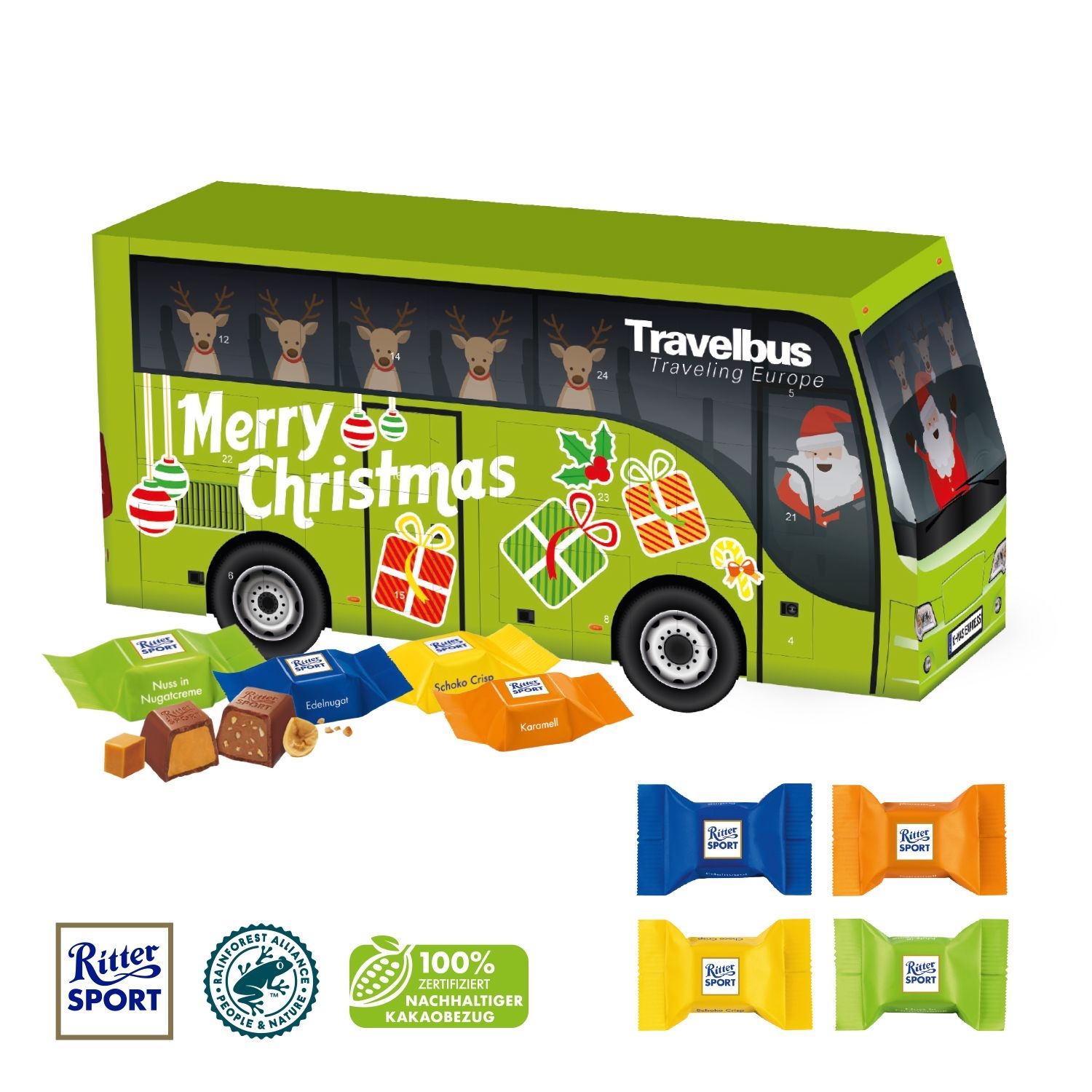 CD95155-023D Adventskalender _Bus_ mit Ritter SPORT Schokowuerfel_ Individuelles Motiv
