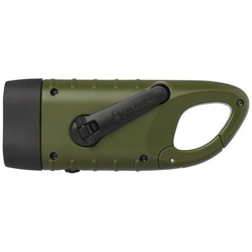 PF104575-1Helios Solar-Dynamo-Taschenlampe aus recyceltem Kunststoff mit Karabinerhaken_ armeegruen