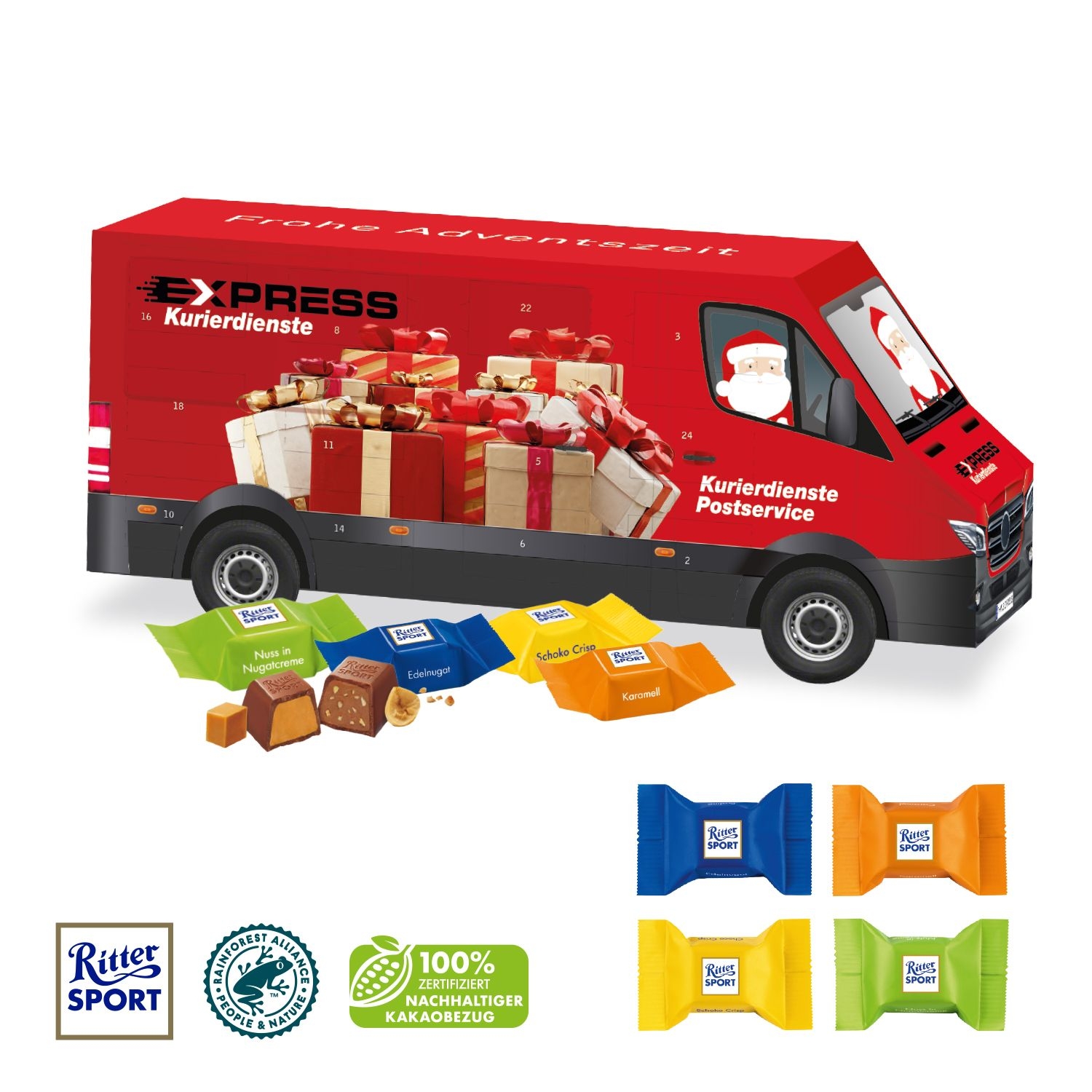 CD951533D Adventskalender _Transporter_ mit Ritter SPORT Schokowuerfel