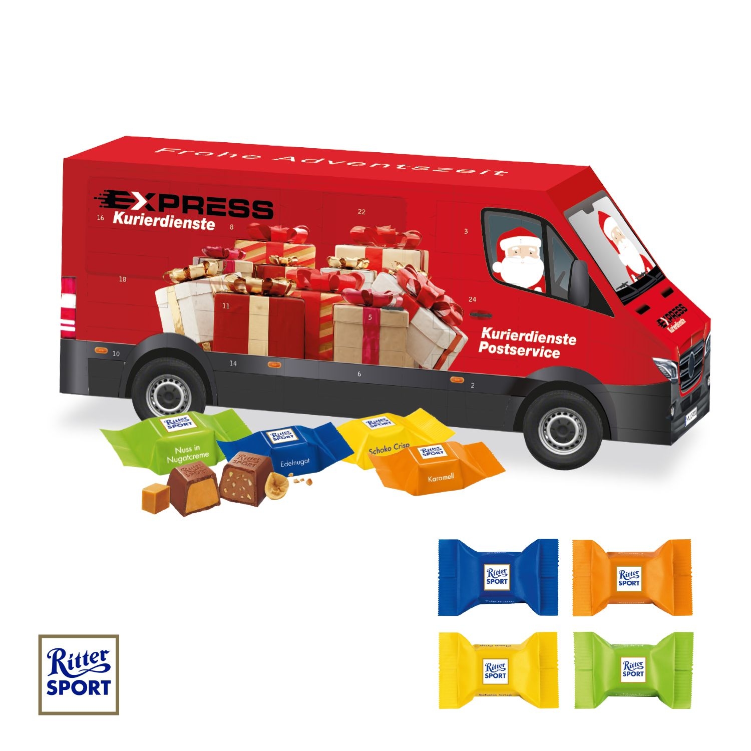 CD951533D Adventskalender Transporter mit Ritter SPORT Schokowuerfel