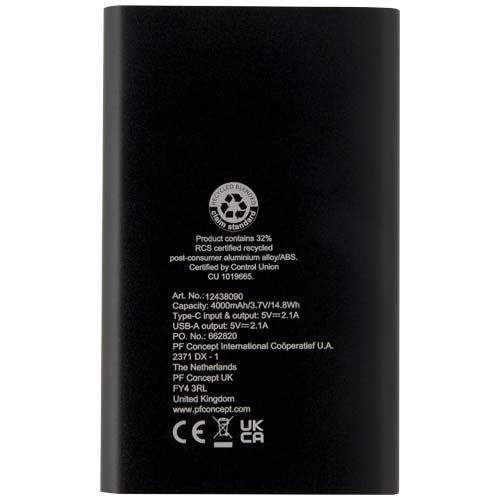 PF124380-5Pep 4000 mAh Type-C Powerbank aus recyceltem Aluminium _ schwarz