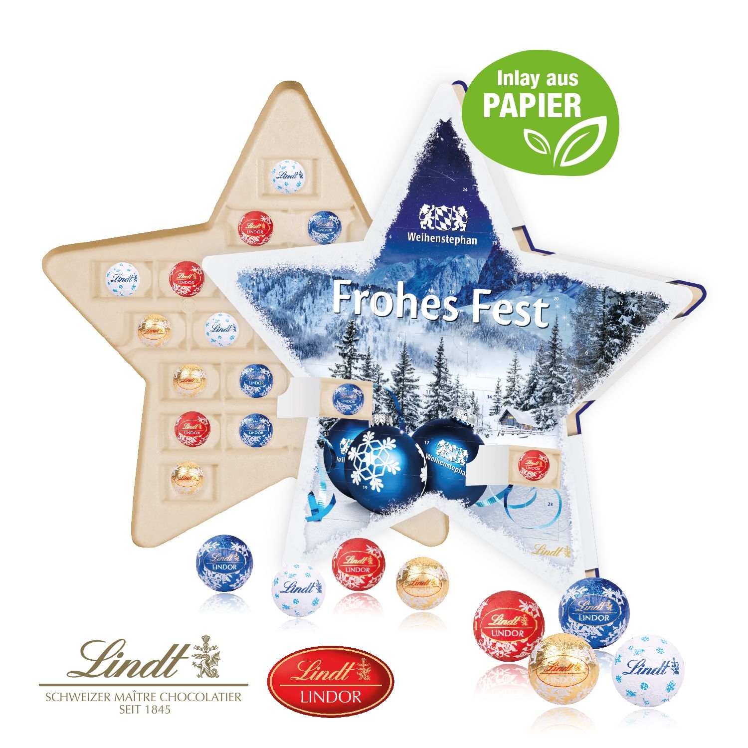 CD55377Adventskalender _Stern_ mit Lindt Schokolade_ Inlay aus Papier