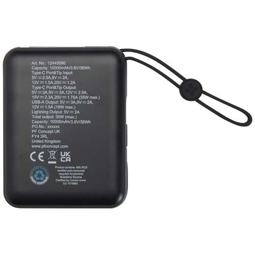 PF124450-2Acrux 35 W 10.000 mAh Tablet Powerbank mit integriertem Typ-C-Kabel aus recyceltem Kunststoff_ schwa