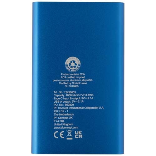 PF124380-2Pep 4000 mAh Type-C Powerbank aus recyceltem Aluminium _ royalblau