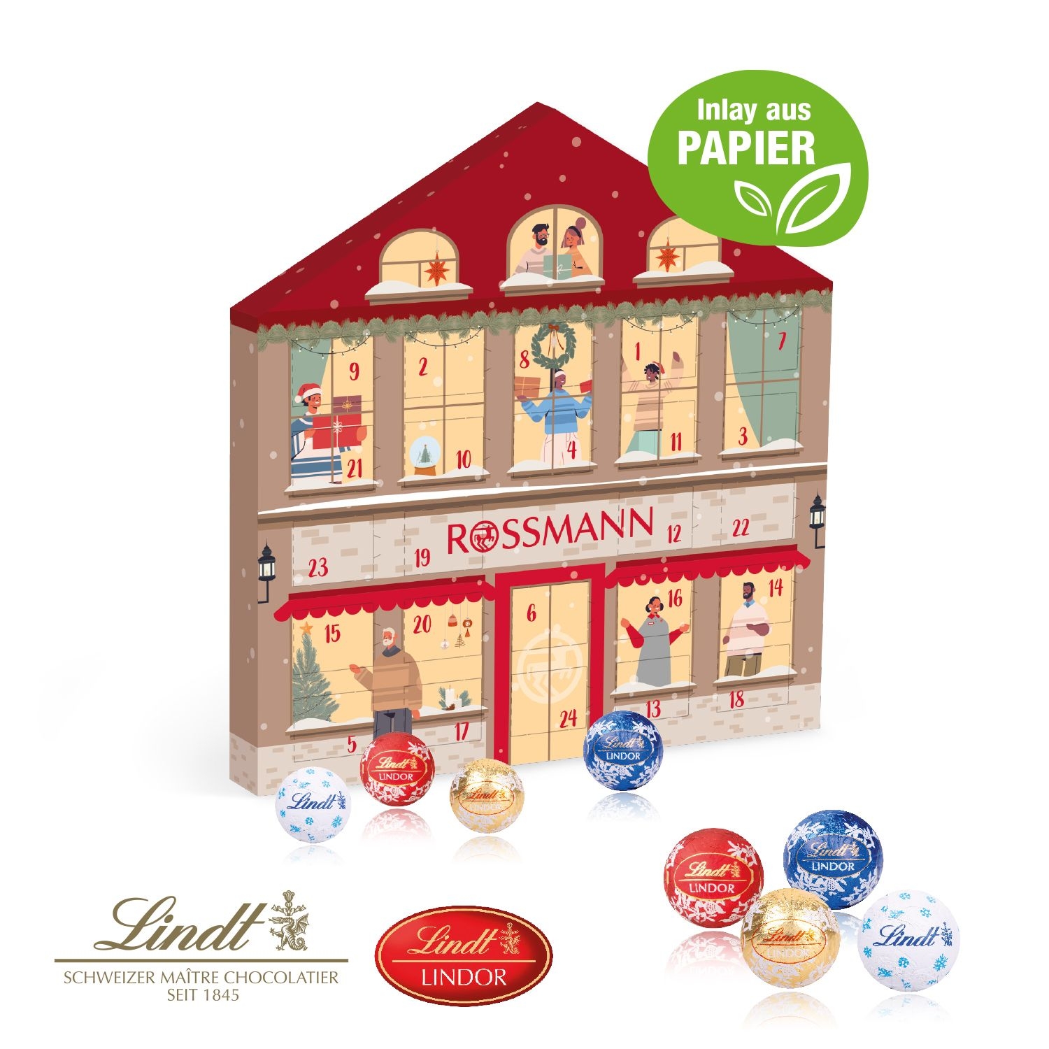 CD55332-02Adventskalender Weihnachtshaus _Exklusiv_ mit Lindt Minis_ Inlay aus Papier_ Individuelles Motiv