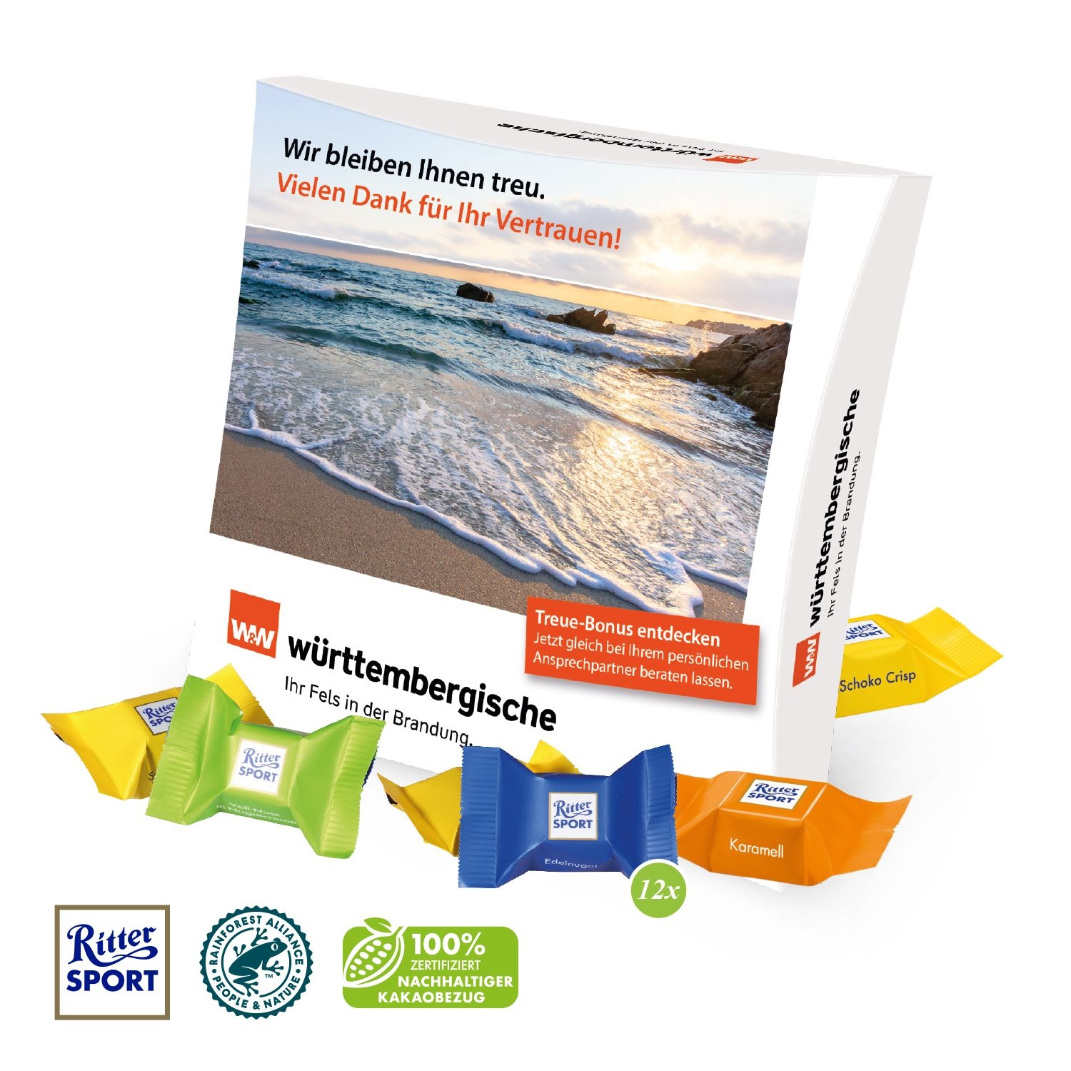 CD91607-01Praesentbox mit Ritter SPORT Schokowuerfel_ Ritter Sport Schokowuerfel