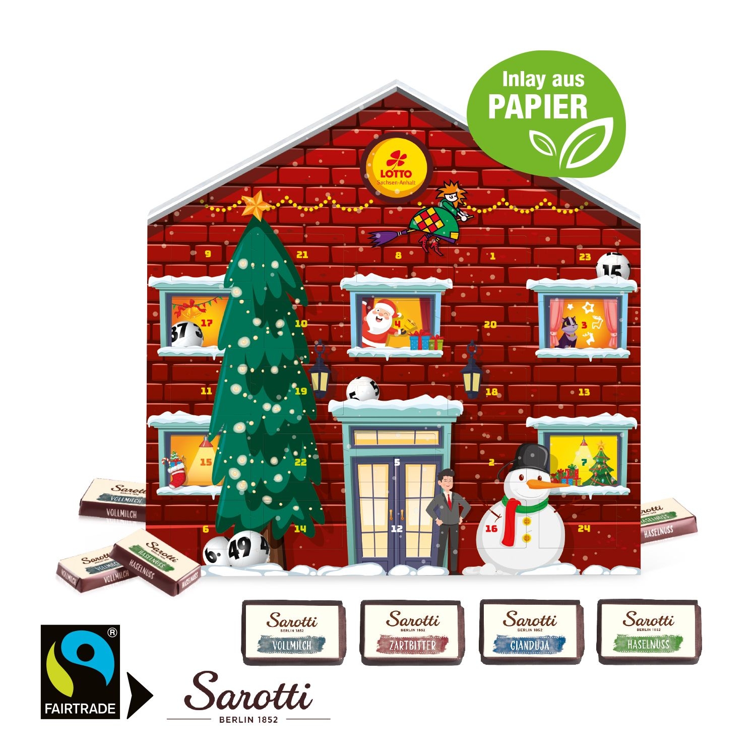 CD55413Adventskalender Weihnachtshaus _Exklusiv_ mit Sarotti Fairtrade® Schokolade_ Inlay aus Papier