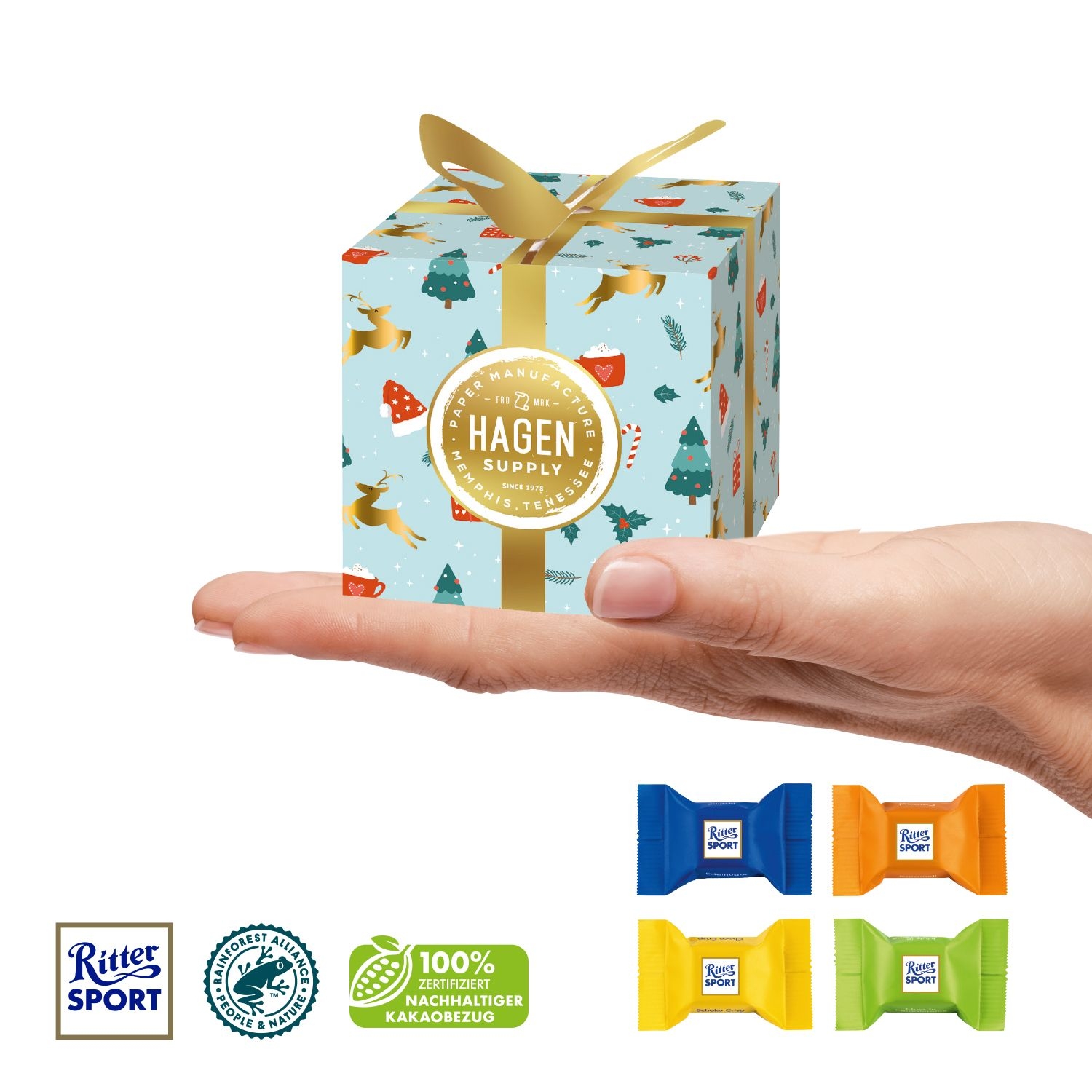 CD95608-01Praesent _Feine Bescherung_ mit Ritter SPORT Schokowuerfel_ Ritter Sport Schokowuerfel