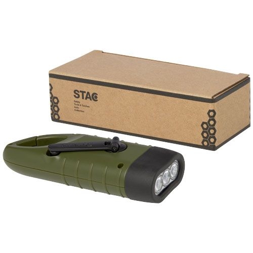 PF104575-1Helios Solar-Dynamo-Taschenlampe aus recyceltem Kunststoff mit Karabinerhaken_ armeegruen