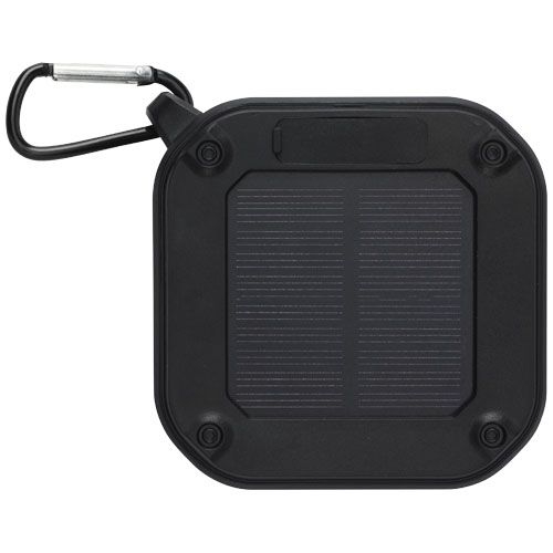 PF124347-1Solo 3W IPX5 Solar Bluetooth®-Lautsprecher aus recyceltem RCS Kunststoff mit Karabinerhaken _ schwar