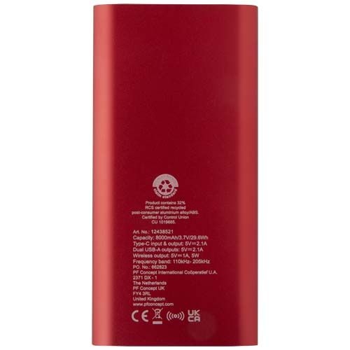 PF124385-1Juice 8000 mAh Typ-C kabellose Powerbank aus recyceltem Aluminium_ rot