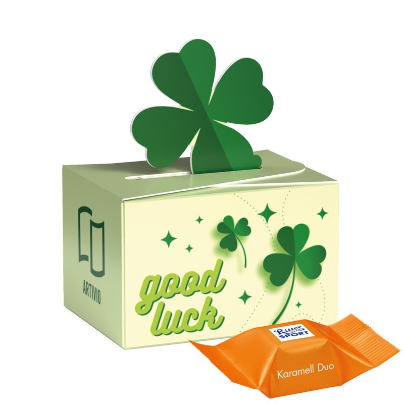 JG10239-2Geschenkbox Mini Kleeblatt Ritter SPORT_ Ritter Sport Schokowuerfel_ Karamell Dou