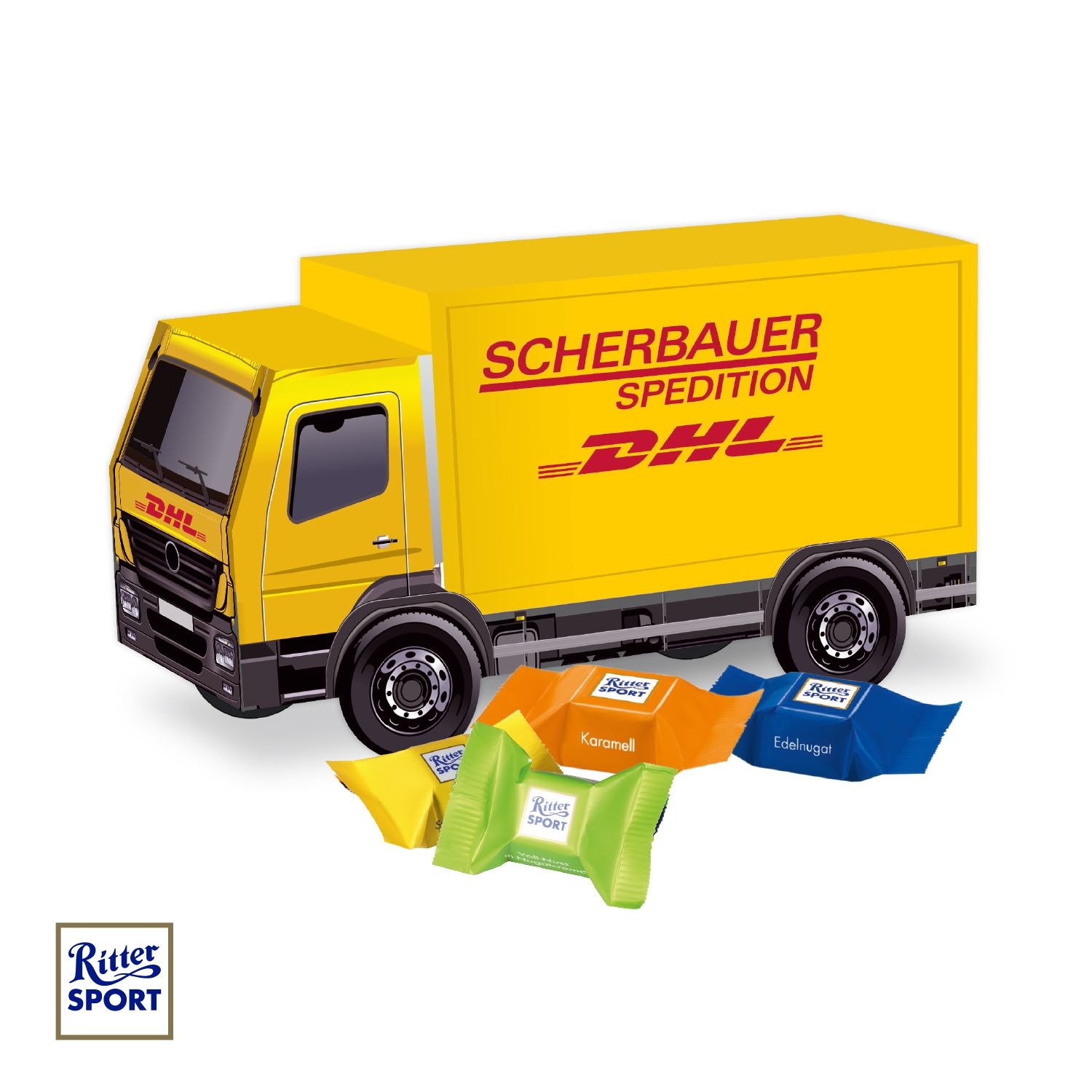 CD91674-013D Praesent LKW mit Ritter SPORT Schokowuerfel_ Ritter Sport Schokowuerfel