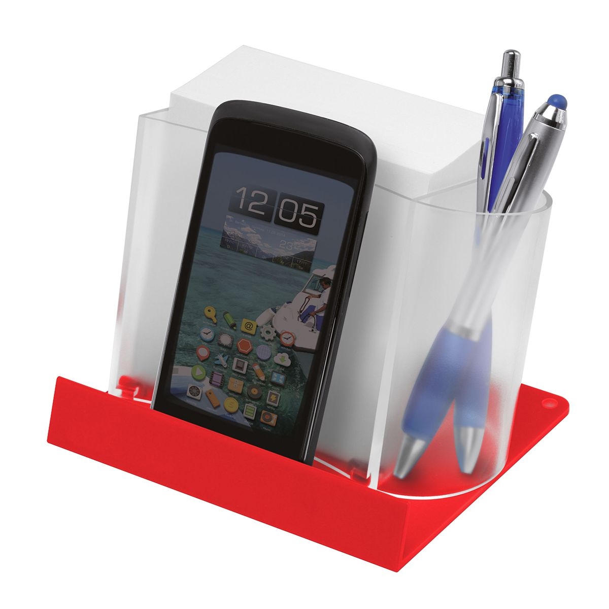 HE7843KPC-F7-1Smartphone-_Tabletstaender mit Zettelbox und Koecher_ gefrostet glasklar_ rot