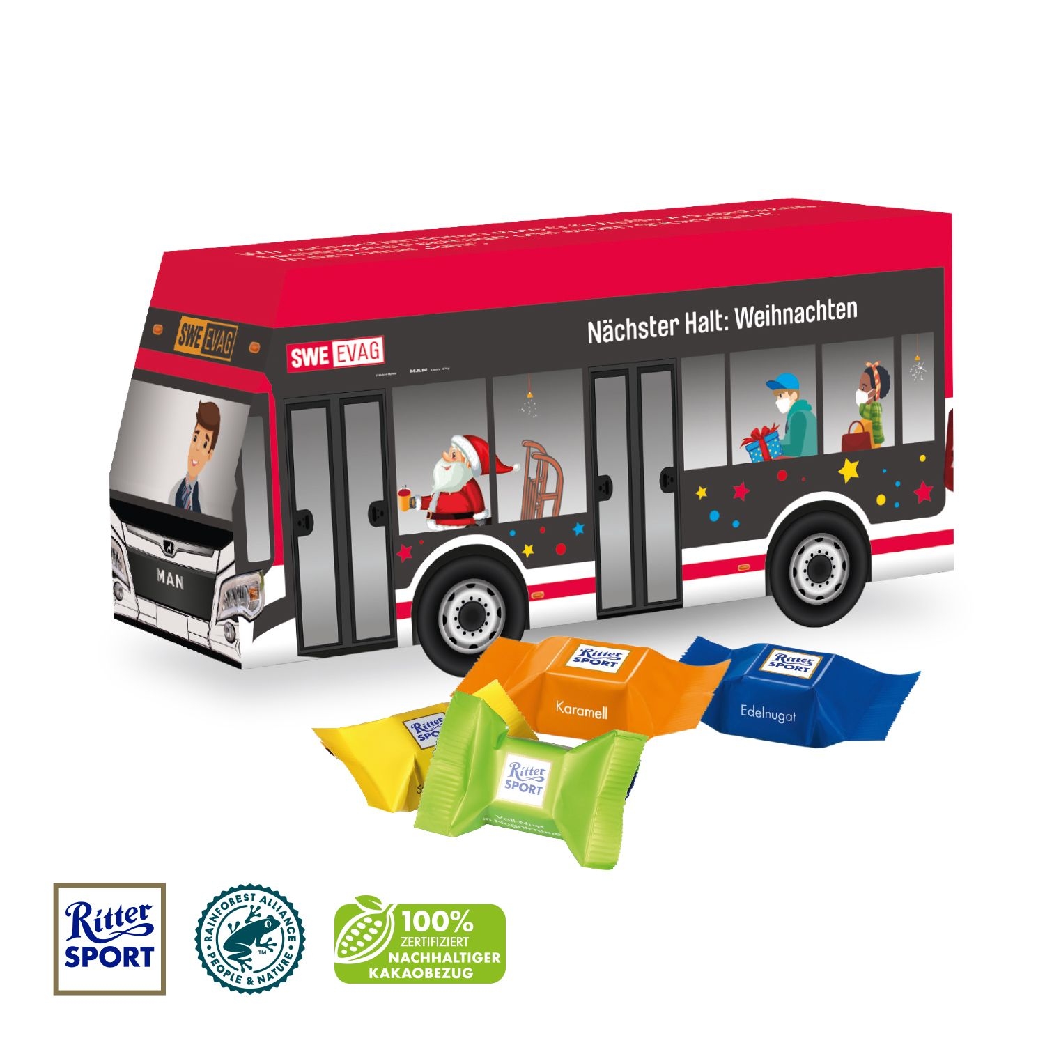 CD91696-013D Praesent _Bus_ mit Ritter SPORT Schokowuerfel_ Ritter Sport Schokowuerfel