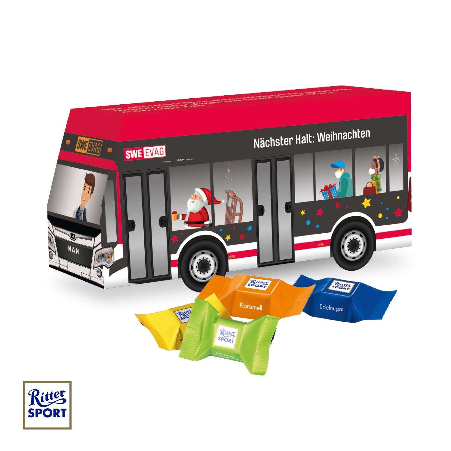 CD91696-013D Praesent Bus mit Ritter SPORT Schokowuerfel_ Ritter Sport Schokowuerfel