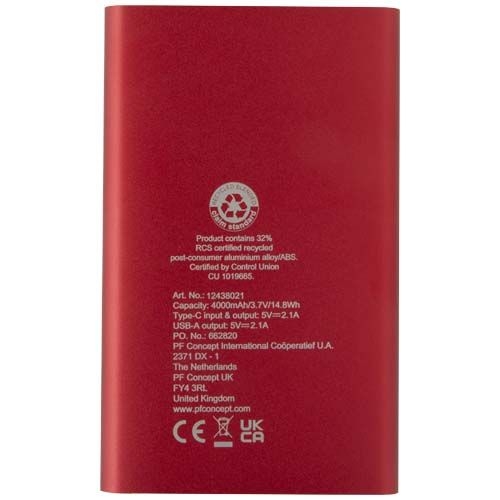 PF124380-1Pep 4000 mAh Type-C Powerbank aus recyceltem Aluminium _ rot