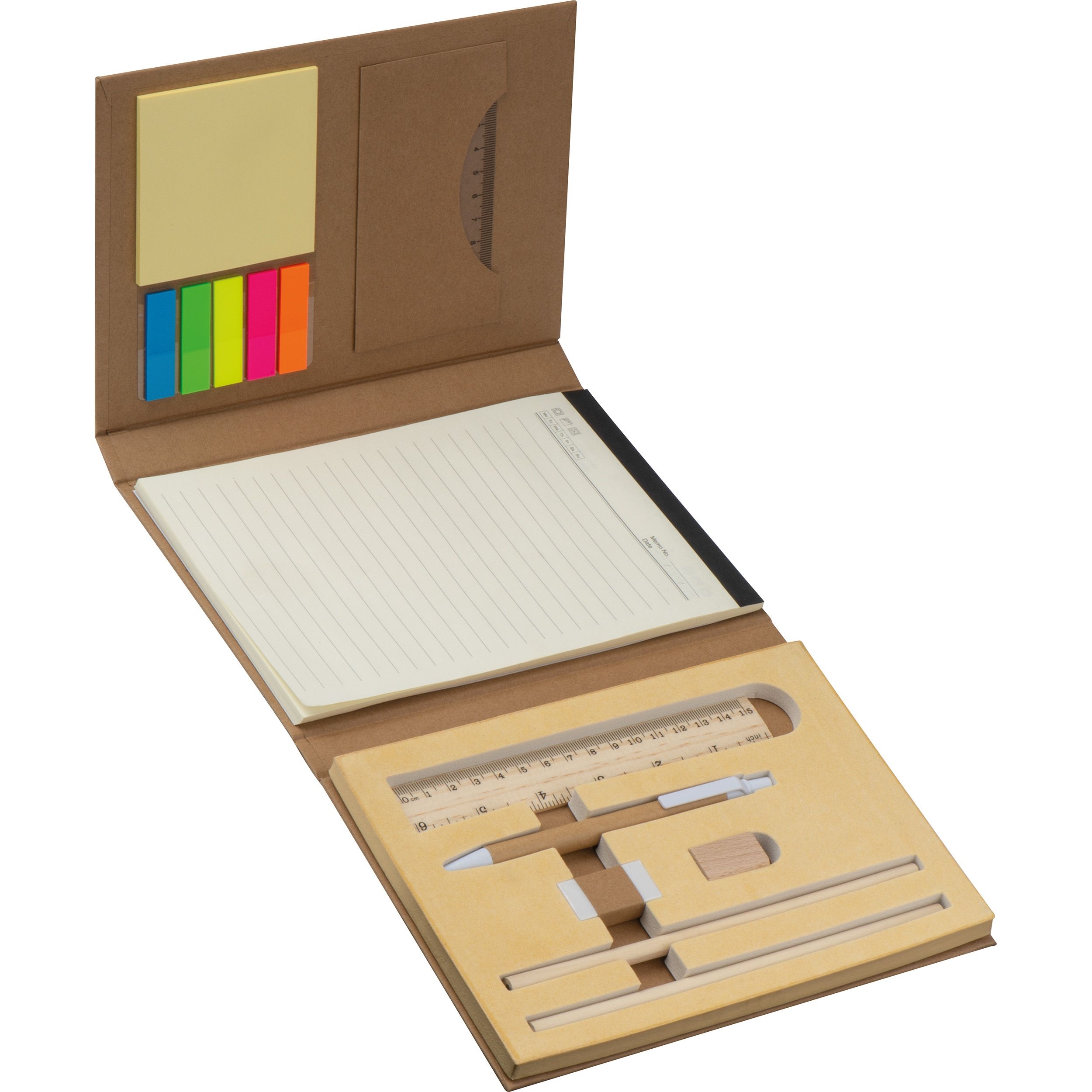 MA21194-01Schreibmappe mit Lineal_ Schreibblock und Haftmarkern CALVIN_ braun