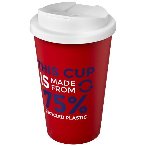 PF210425-12Americano® Eco 350 ml recycelter Becher mit auslaufsicherem Deckel_ rot_weiss