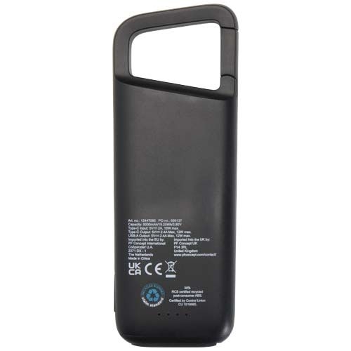 PF124470-2Alkes 12 W 5.000 mAh wasserfeste Powerbank aus recyceltem Kunststoff mit Karabinerhaken_ schwarz