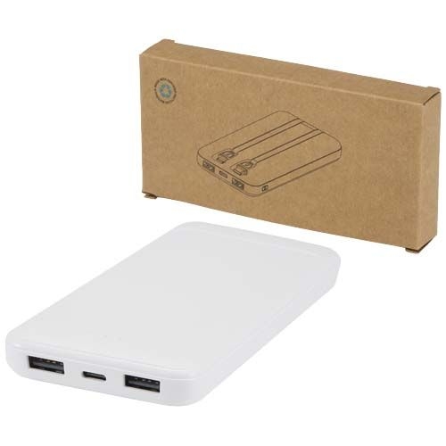 PF124459-1Adhil 10 W 10.000 mAh Powerbank aus recyceltem Kunststoff mit 2 integrierten Kabeln_ weiss