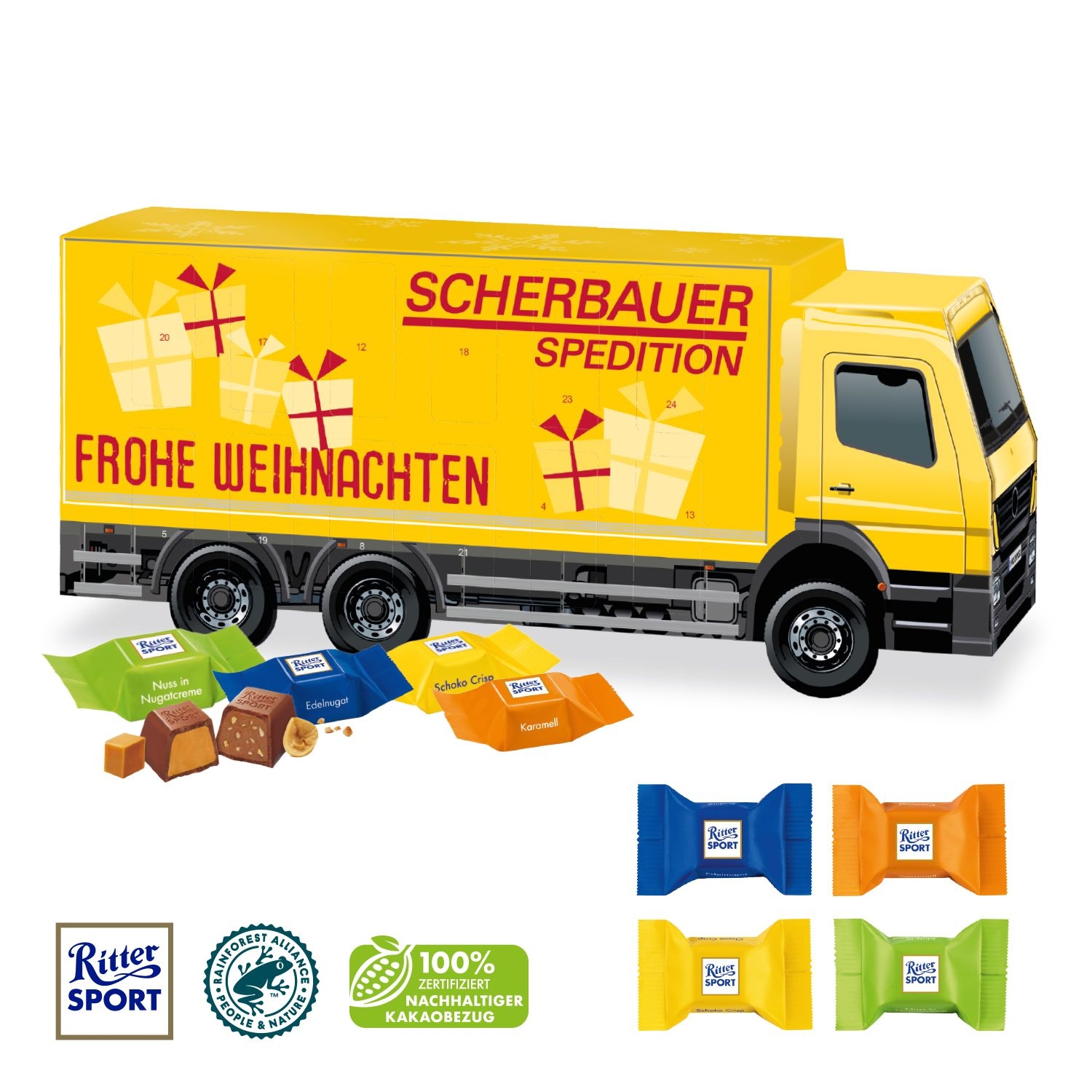 CD95152-023D Adventskalender _LKW_ mit Ritter SPORT Schokowuerfel_ Individuelles Motiv