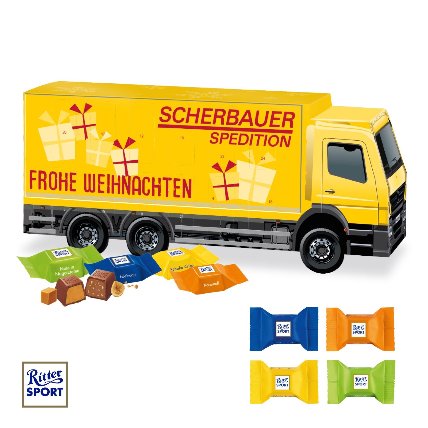 CD95152-023D Adventskalender LKW mit Ritter SPORT Schokowuerfel_ Individuelles Motiv