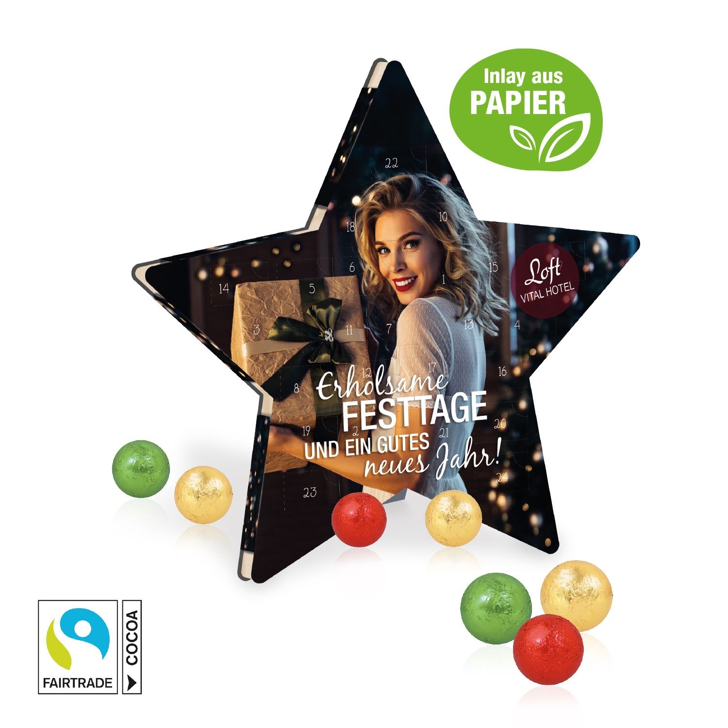 CD55432Adventskalender _Stern_ mit Fairtrade® Schokolade_ Inlay aus Papier