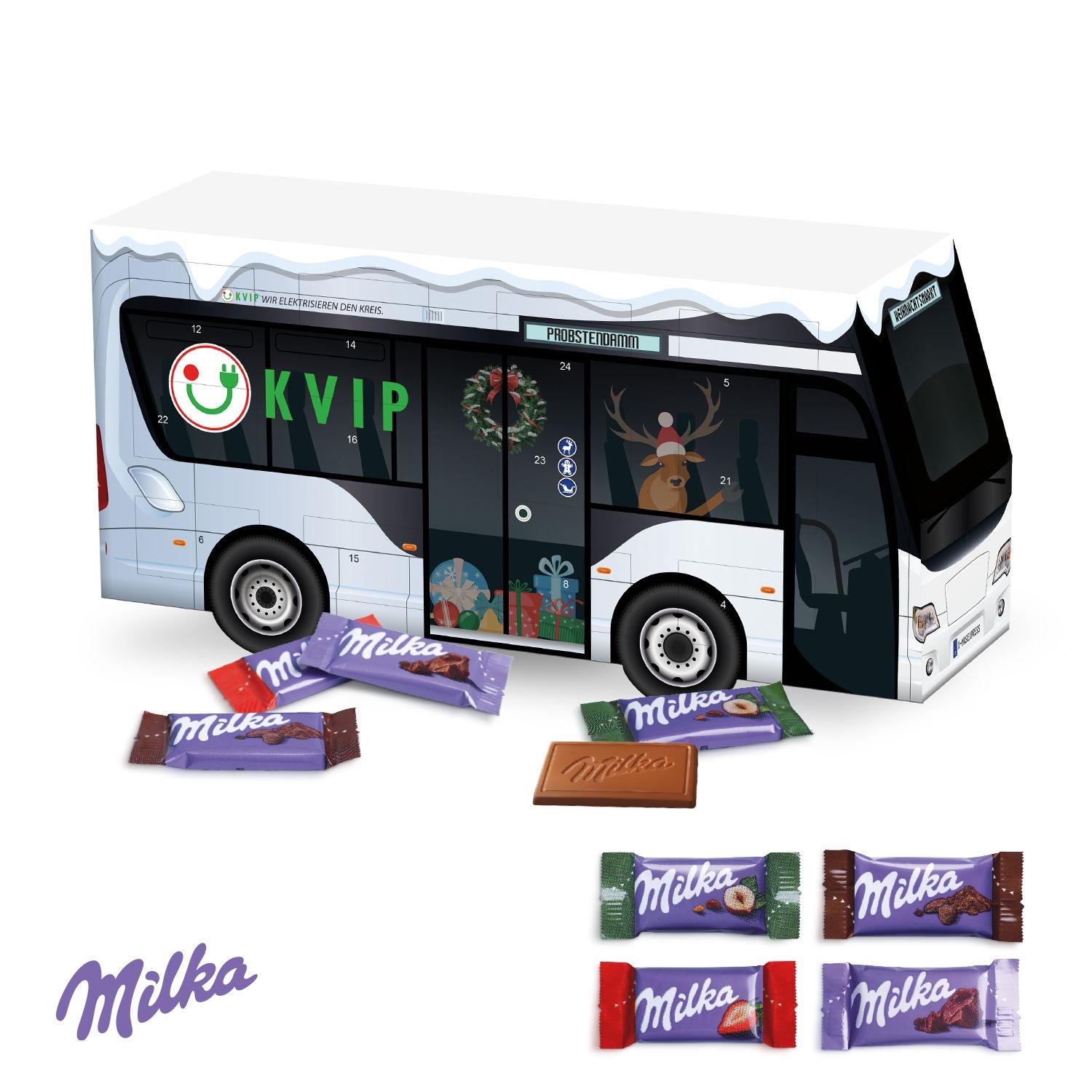 CD95170-023D Adventskalender Bus mit Milka Schokolade_ Individuelles Motiv