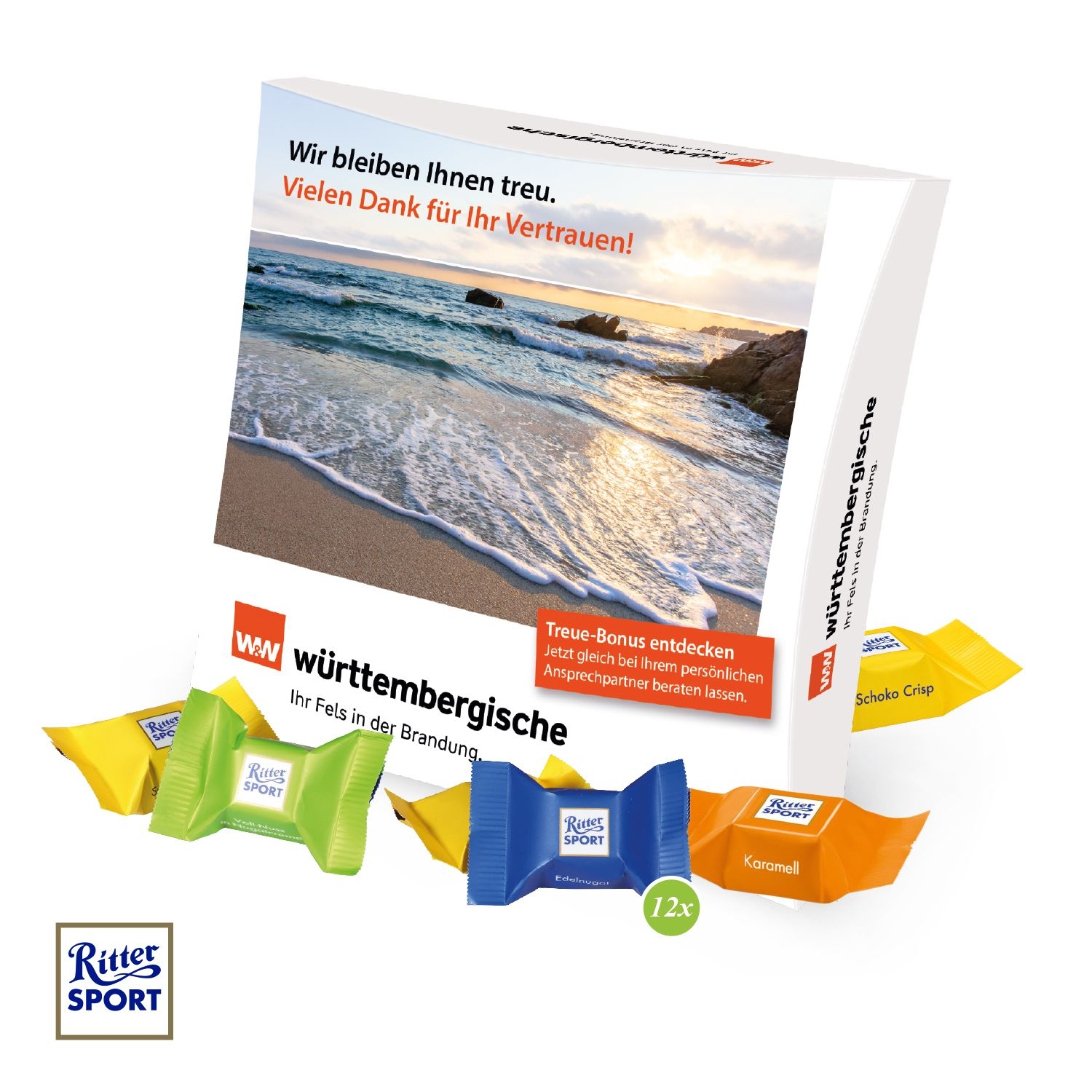 CD91607Praesentbox mit Ritter SPORT Schokowuerfel